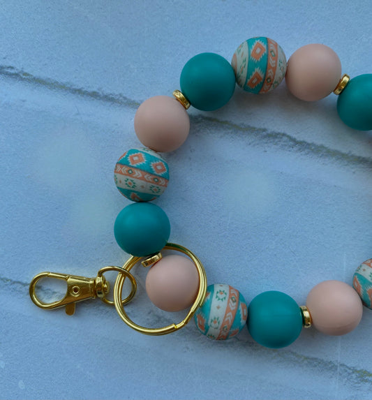 Western Turquoise Peach | Hands-Free Wristlet Keychain | Silicone Beaded Keychain