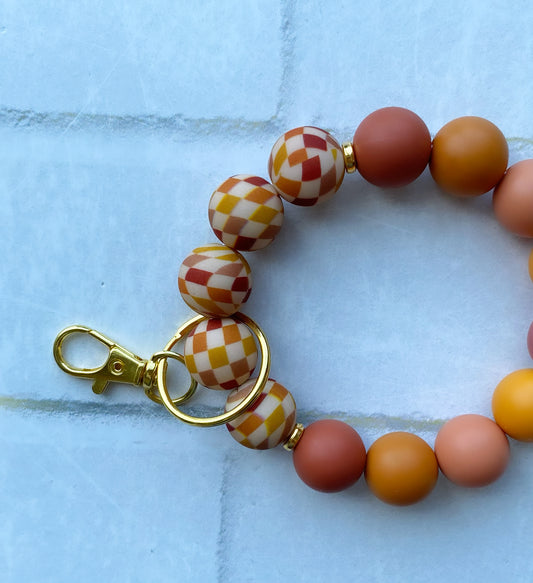 Fall Retro Check | Hands-Free Wristlet Keychain | Silicone Beaded Keychain